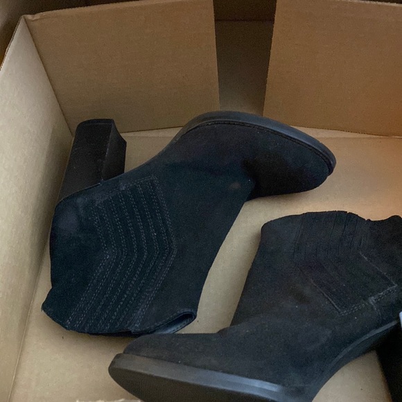 Black suede high heel ankle boots. Bought in Denmark Comfy Stacked 3 1/2” heel. - Picture 5 of 13